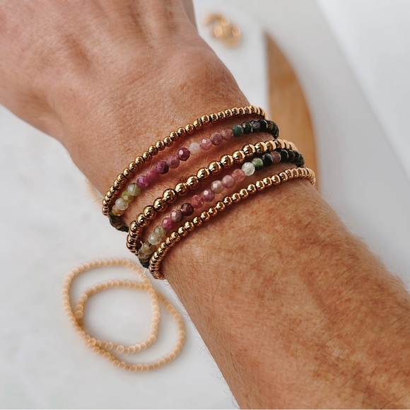 Bundle Set of 2 Waterproof stretch Gold Bead Bracelets Stacking Bracelets - Picture 1 of 15